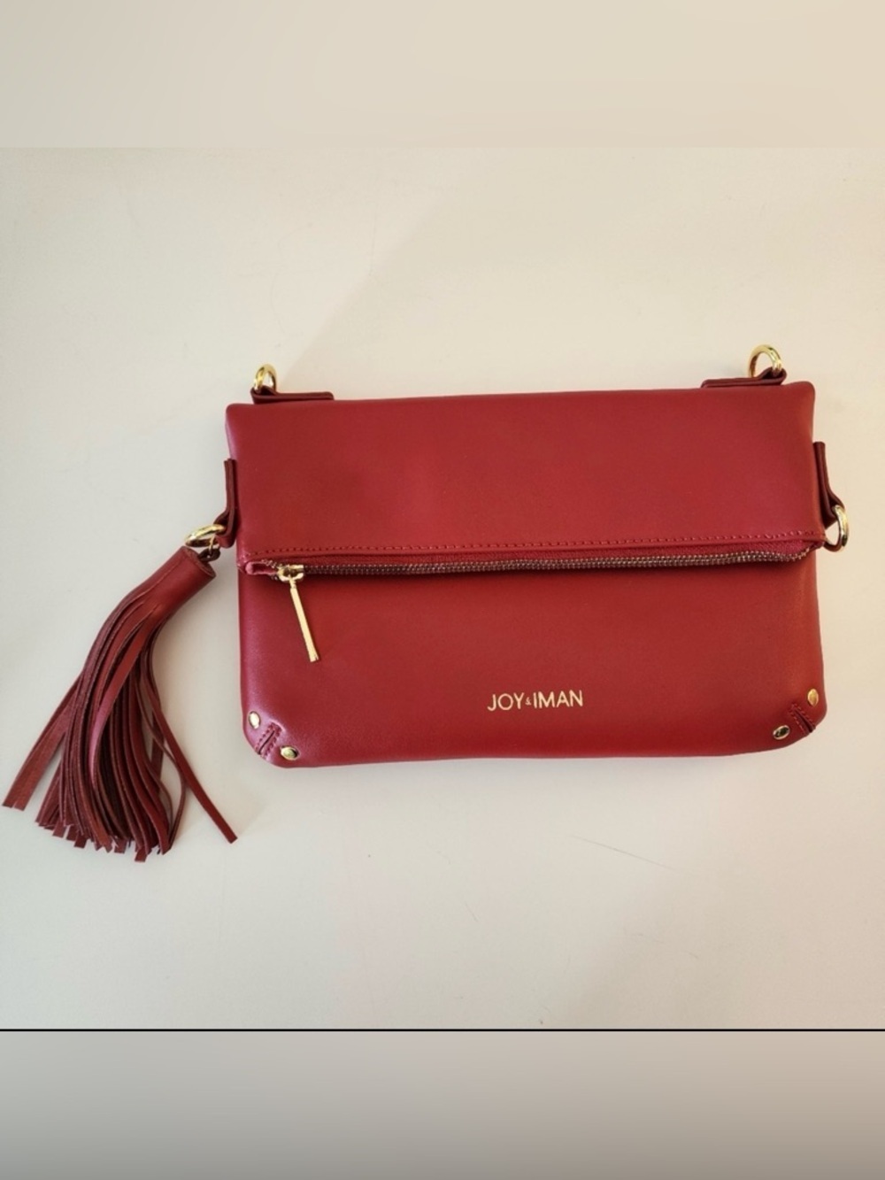 JOY & IMAN Red Genuine Leather Clutch Tassel Detail EUC